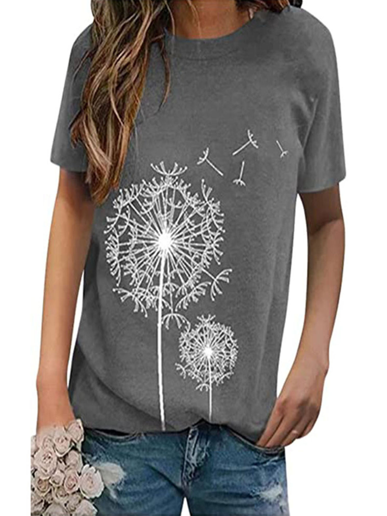 Short Sleeve Graphic Shirts for Women Casual Summer Dandelion Print Crewneck T Shirt Tops Blouse Tee Dark Gray